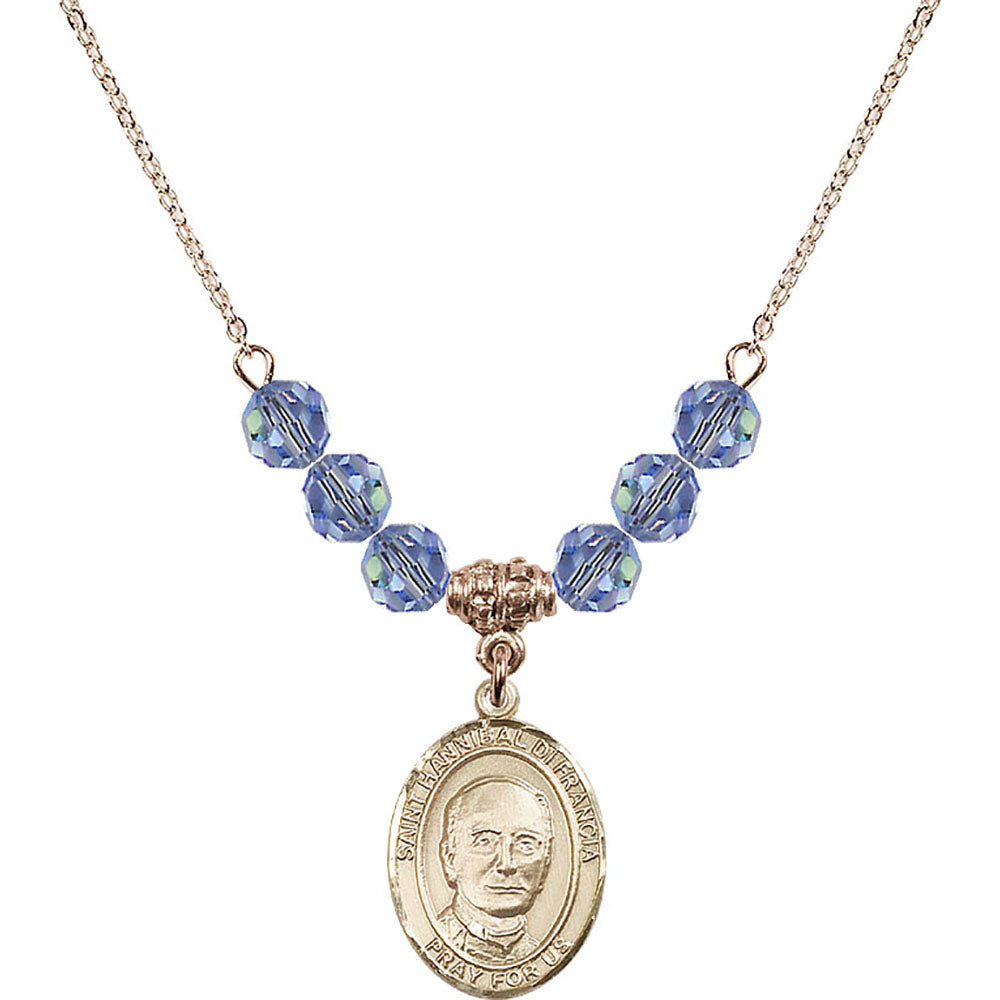 14kt Gold Filled Saint Hannibal Birthstone Necklace with Light Sapphire Beads - 8327