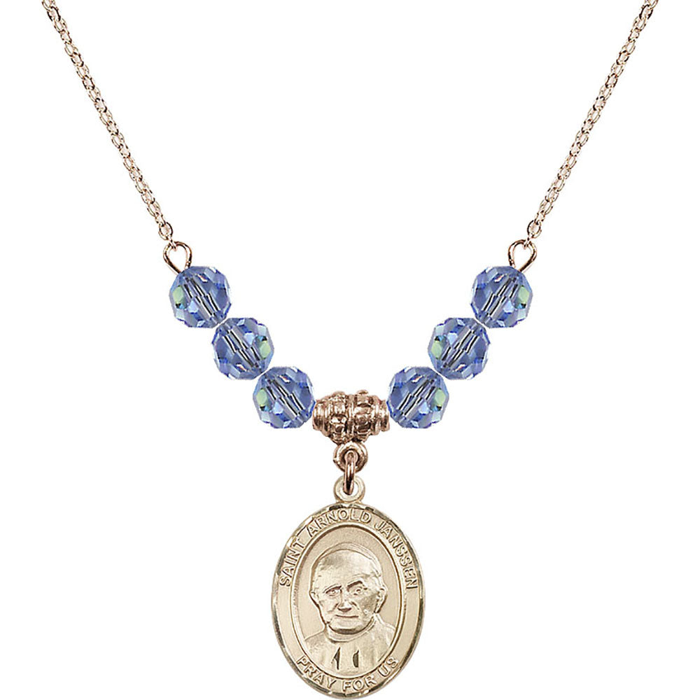 14kt Gold Filled Saint Arnold Janssen Birthstone Necklace with Light Sapphire Beads - 8328