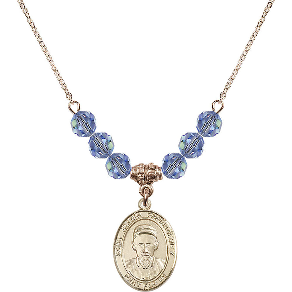 14kt Gold Filled Saint Joseph Freinademetz Birthstone Necklace with Light Sapphire Beads - 8329