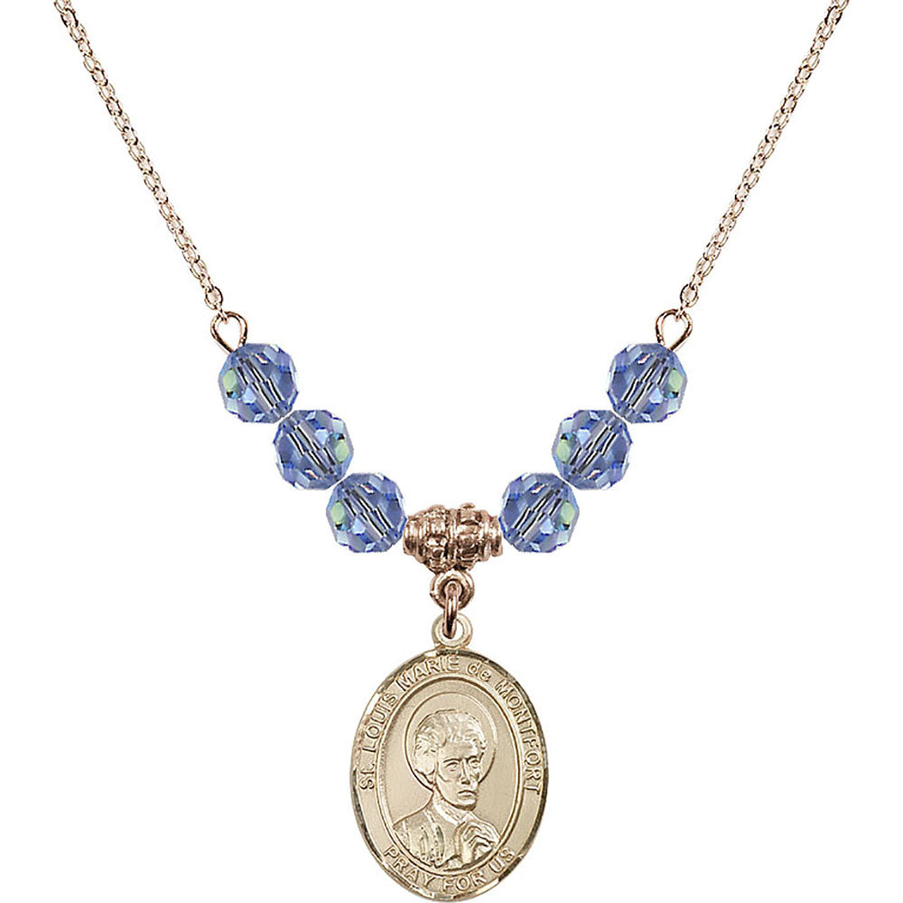 14kt Gold Filled Saint Louis Marie de Montfort Birthstone Necklace with Light Sapphire Beads - 8330