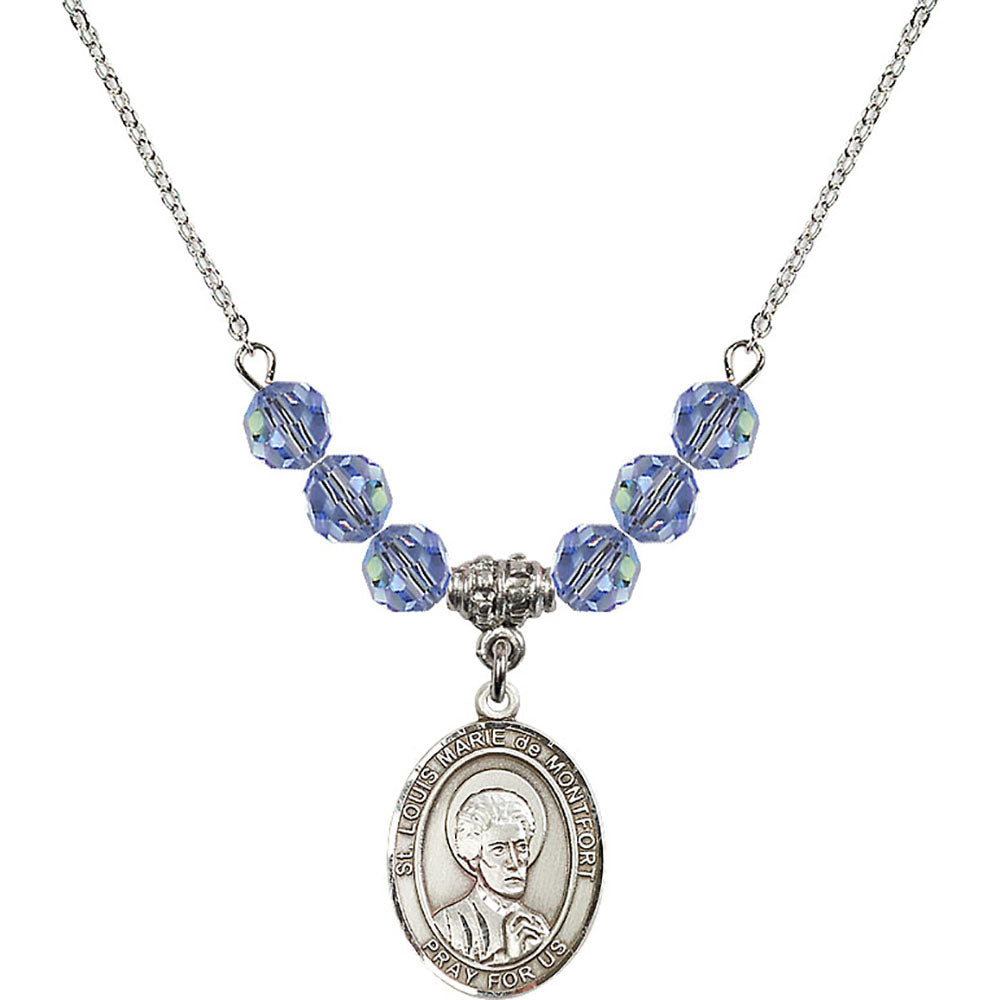Sterling Silver Saint Louis Marie de Montfort Birthstone Necklace with Light Sapphire Beads - 8330
