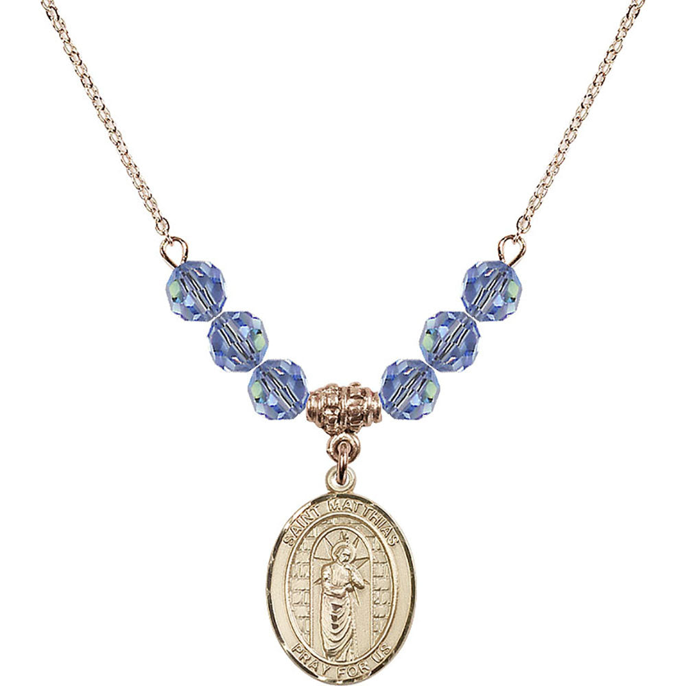 14kt Gold Filled Saint Matthias the Apostle Birthstone Necklace with Light Sapphire Beads - 8331