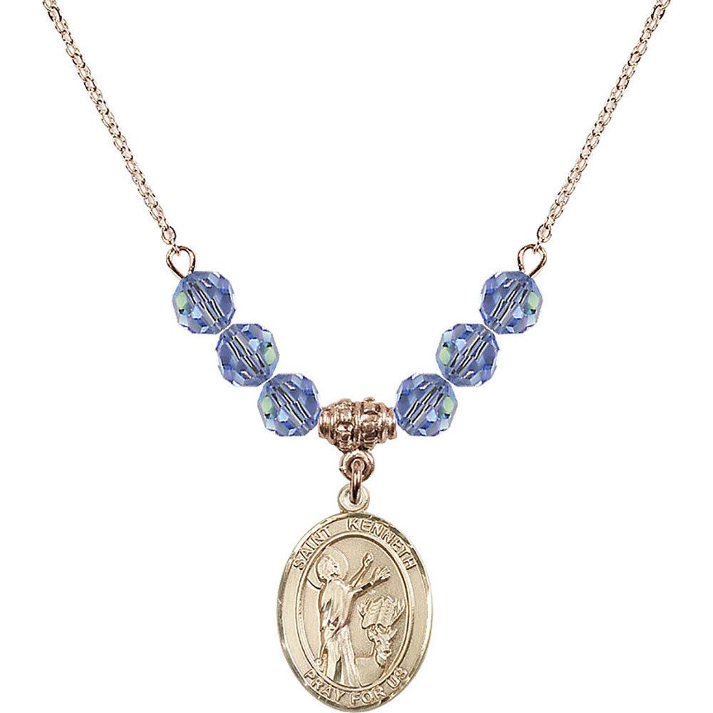 14kt Gold Filled Saint Kenneth Birthstone Necklace with Light Sapphire Beads - 8332