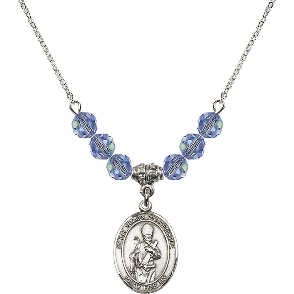 Sterling Silver Saint Simon the Apostle Birthstone Necklace with Light Sapphire Beads - 8375