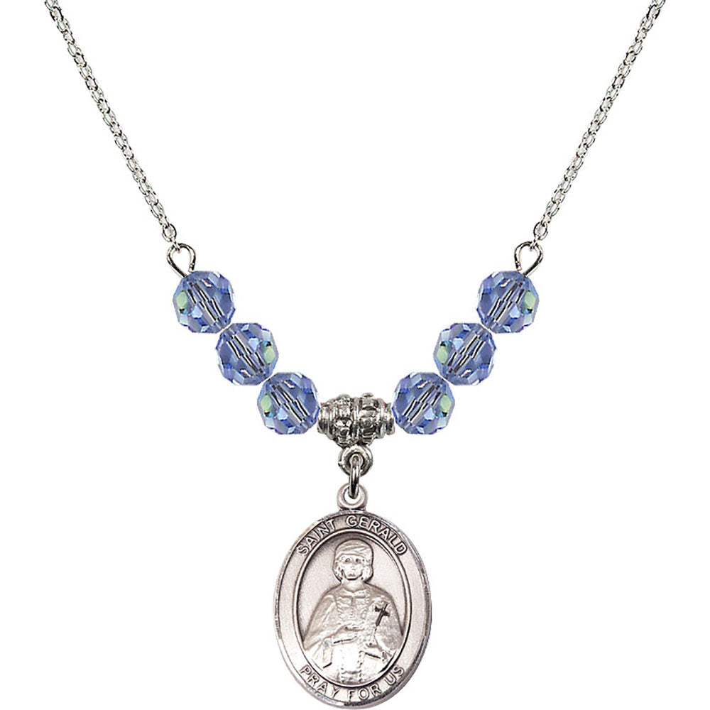 Sterling Silver Saint Gerald Birthstone Necklace with Light Sapphire Beads - 8404