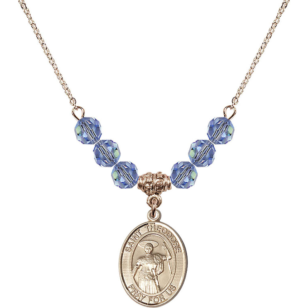 14kt Gold Filled Saint Theodore Stratelates Birthstone Necklace with Light Sapphire Beads - 8415