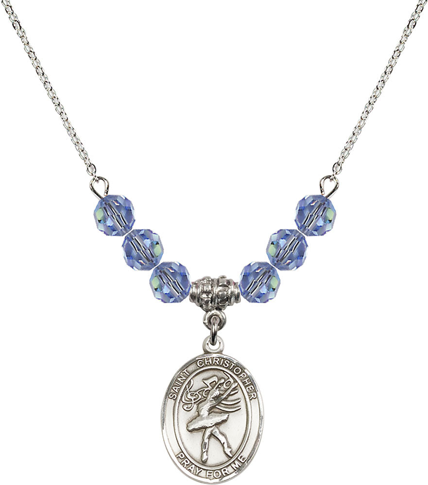 Sterling Silver Saint Christopher/Dance Birthstone Necklace with Light Sapphire Beads - 8512