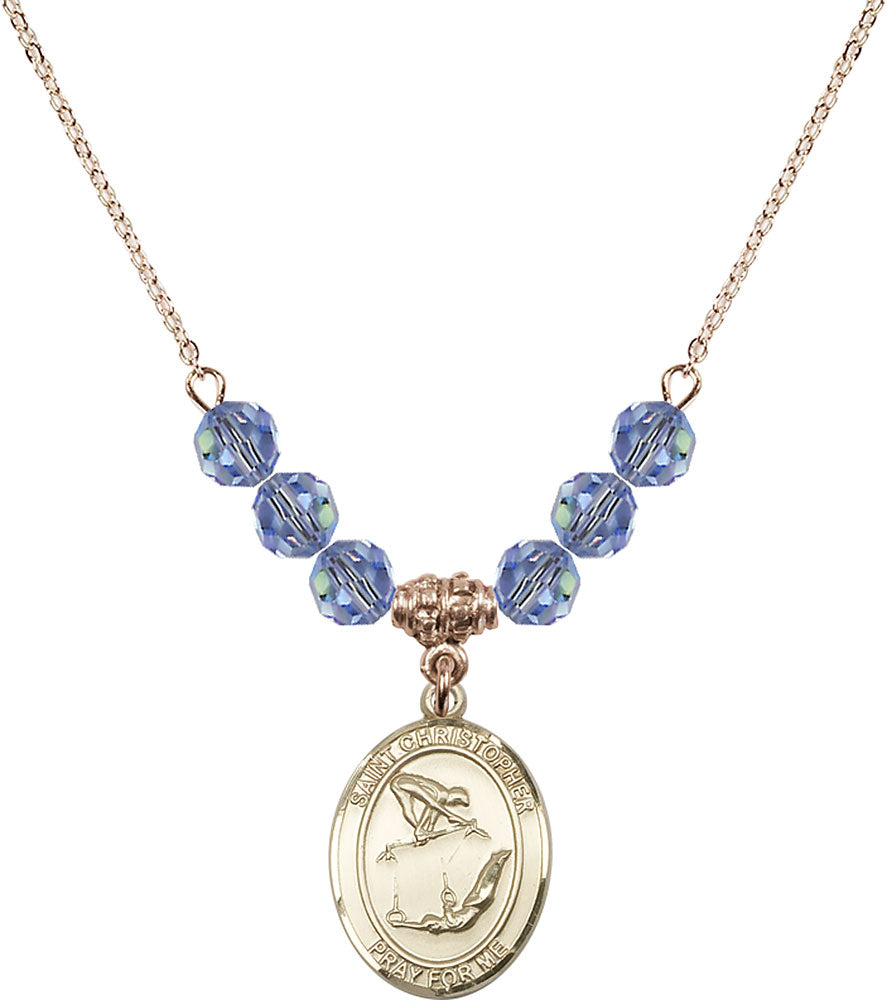 14kt Gold Filled Saint Christopher/Gymnastics Birthstone Necklace with Light Sapphire Beads - 8513