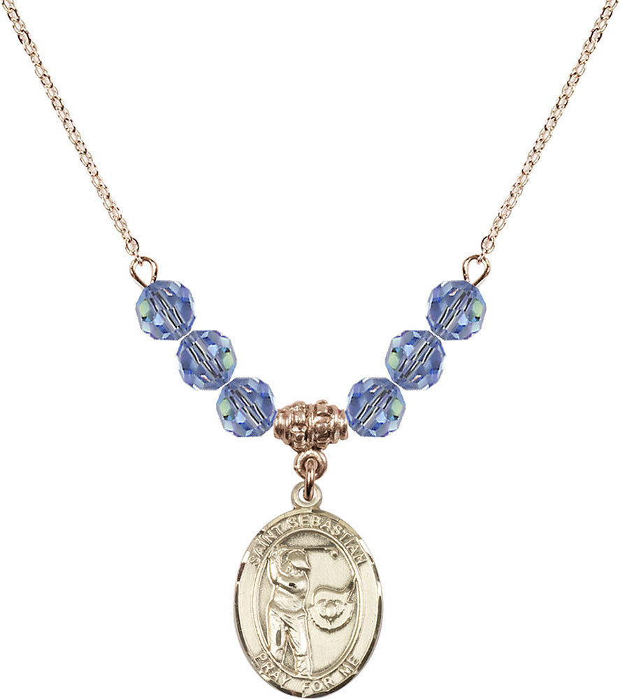 14kt Gold Filled Saint Sebastian / Golf Birthstone Necklace with Light Sapphire Beads - 8606