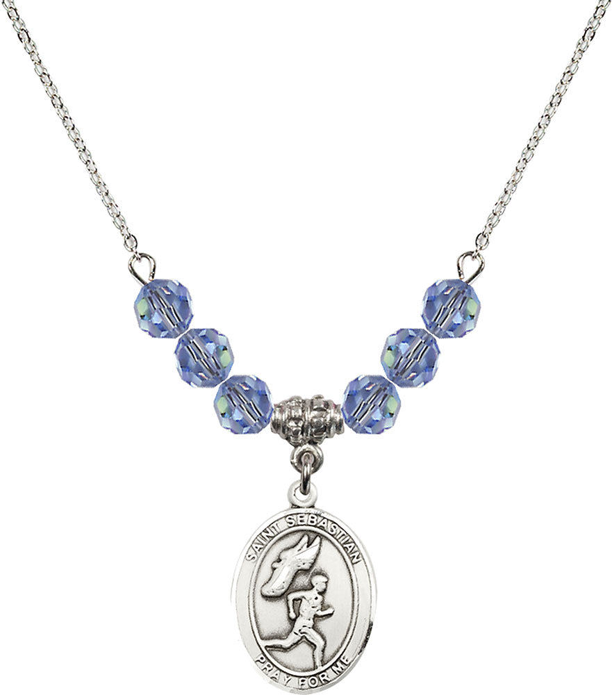 Sterling Silver Saint Sebastian /Track&Field-Men Birthstone Necklace with Light Sapphire Beads - 8609