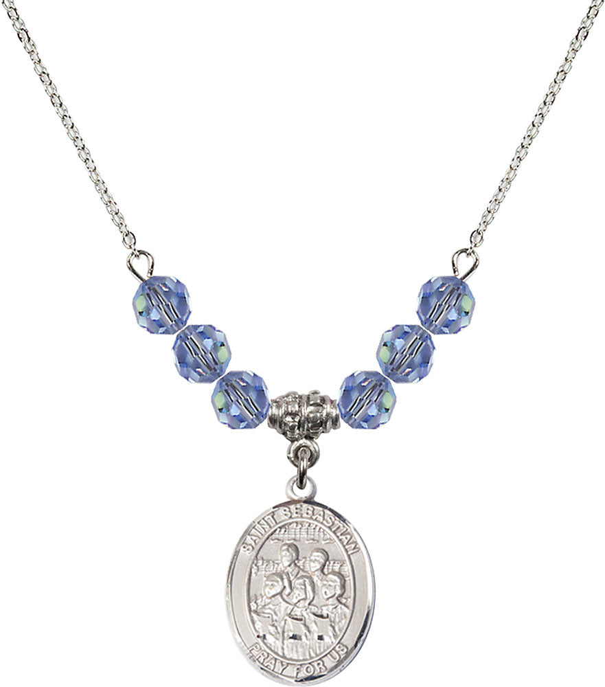 Sterling Silver Saint Sebastian / Choir Birthstone Necklace with Light Sapphire Beads - 8614