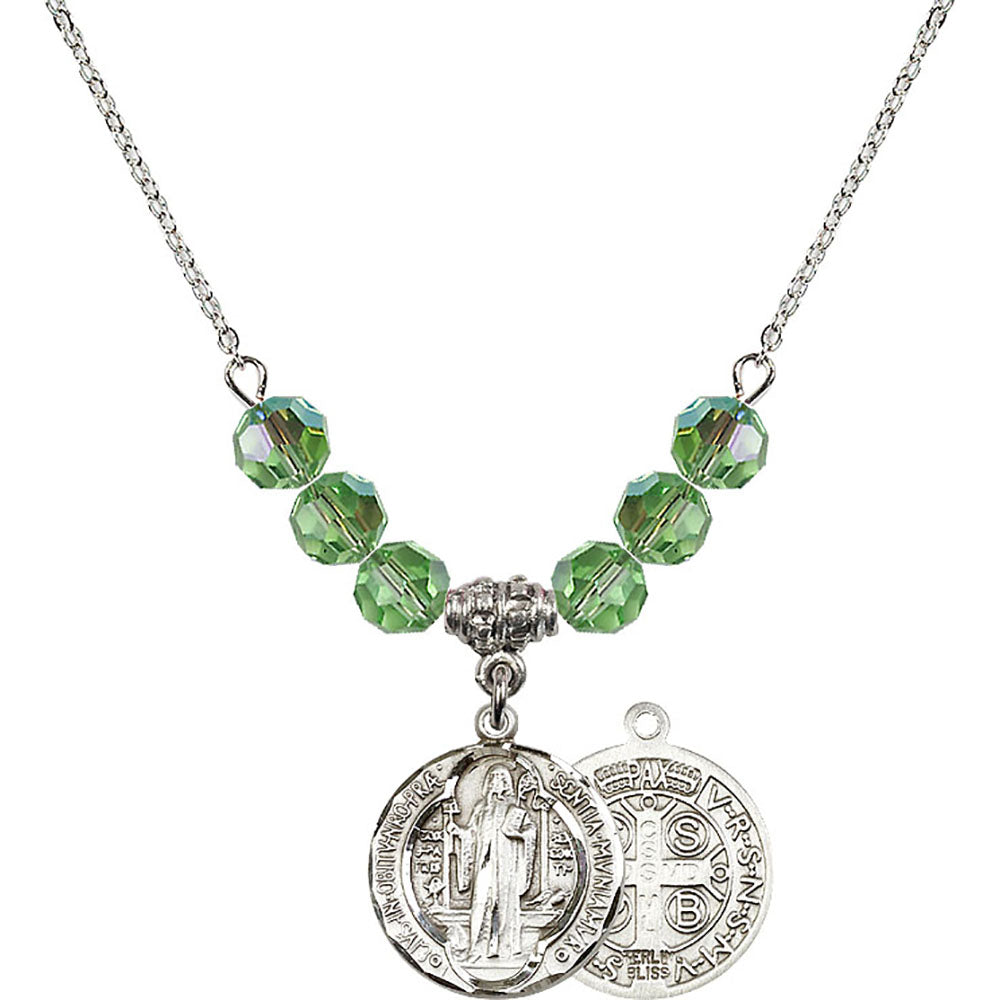 Sterling Silver Saint Benedict Birthstone Necklace with Peridot Beads - 0026