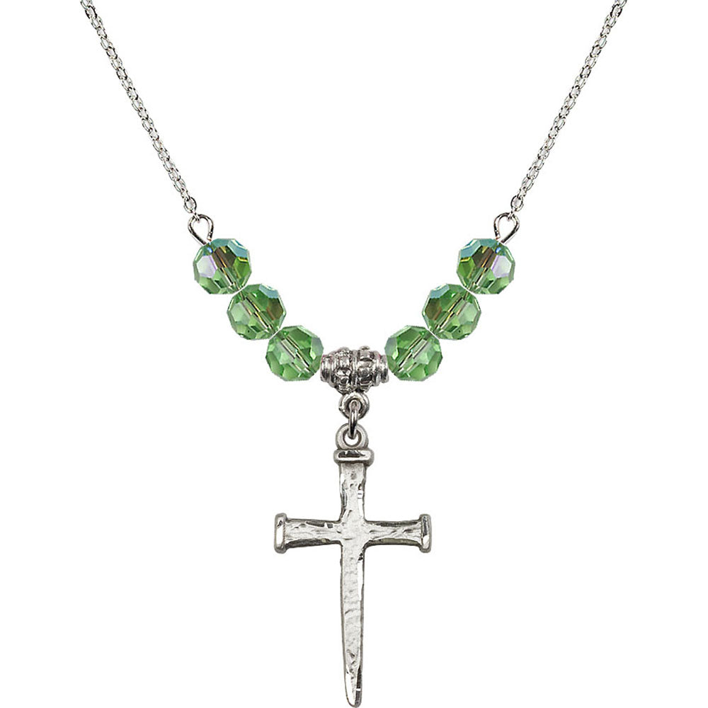Sterling Silver Nail Cross Birthstone Necklace with Peridot Beads - 0085