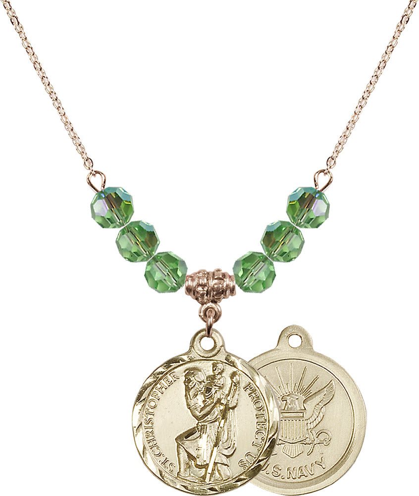 14kt Gold Filled Saint Christopher / Navy Birthstone Necklace with Peridot Beads - 0192