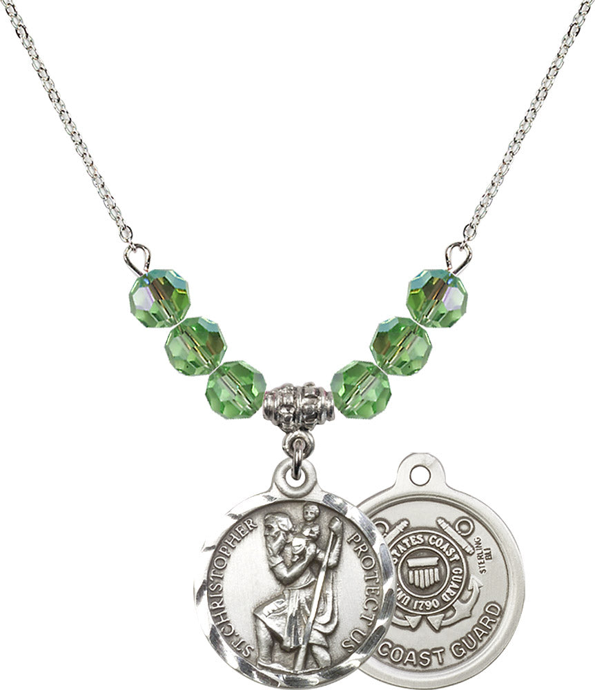 Sterling Silver Saint Christopher / Coast Guard Birthstone Necklace with Peridot Beads - 0192