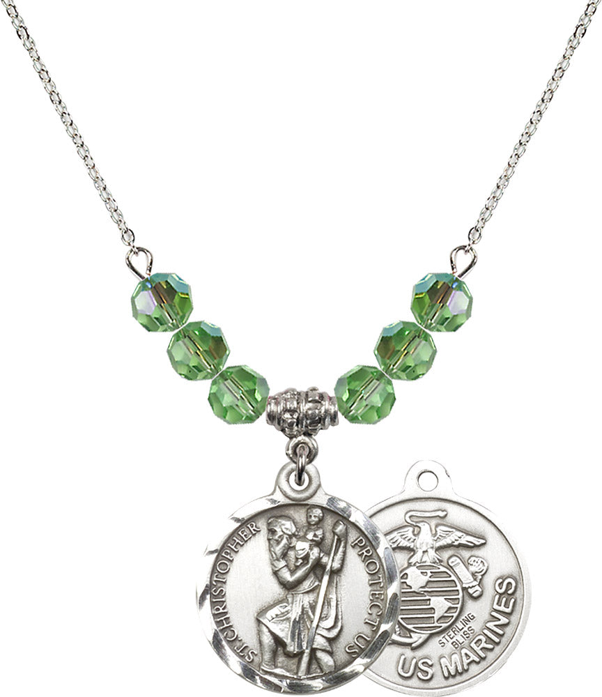 Sterling Silver Saint Christopher / Marines Birthstone Necklace with Peridot Beads - 0192