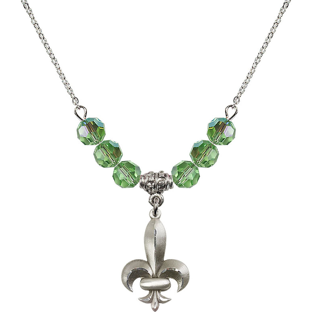 Sterling Silver Fleur de Lis Birthstone Necklace with Peridot Beads - 0294