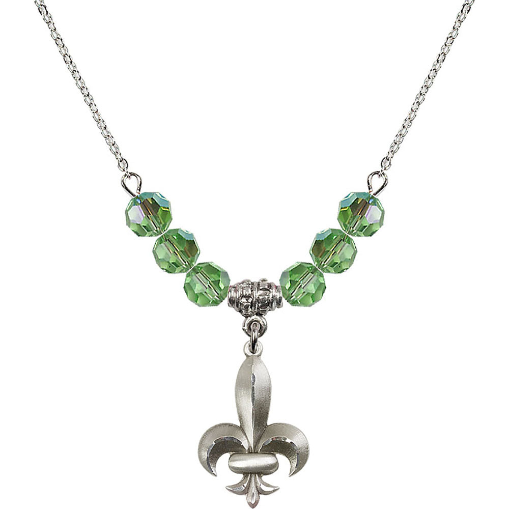 Sterling Silver Fleur de Lis Birthstone Necklace with Peridot Beads - 0294
