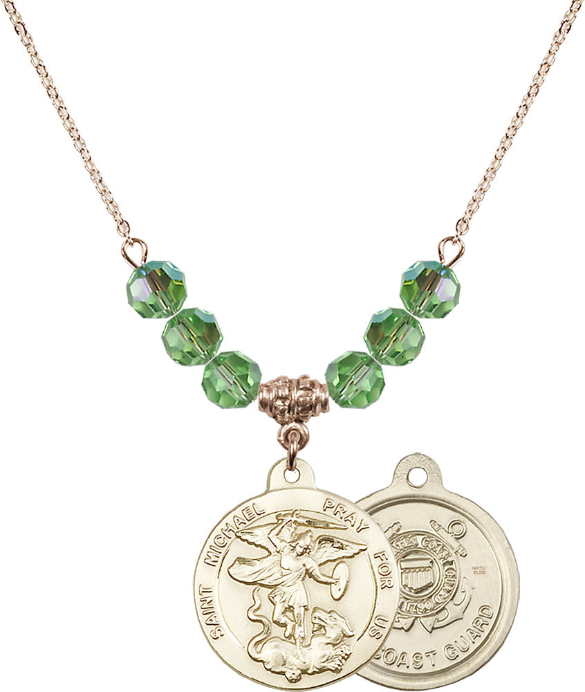 14kt Gold Filled Saint Michael / Coast Guard Birthstone Necklace with Peridot Beads - 0342