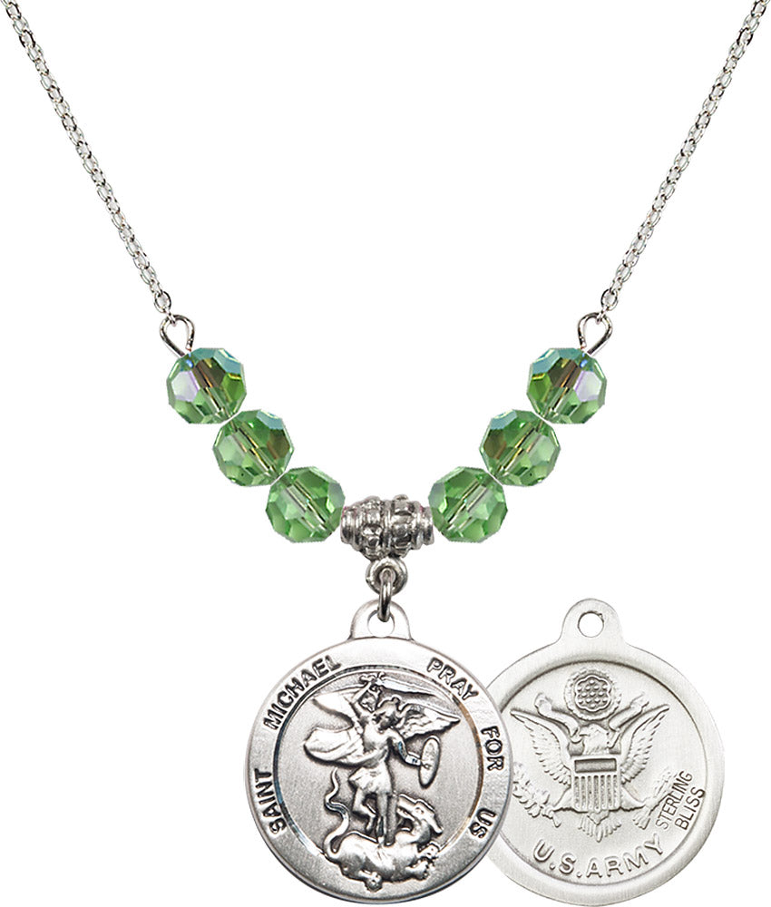 Sterling Silver Saint Michael / Army Birthstone Necklace with Peridot Beads - 0342