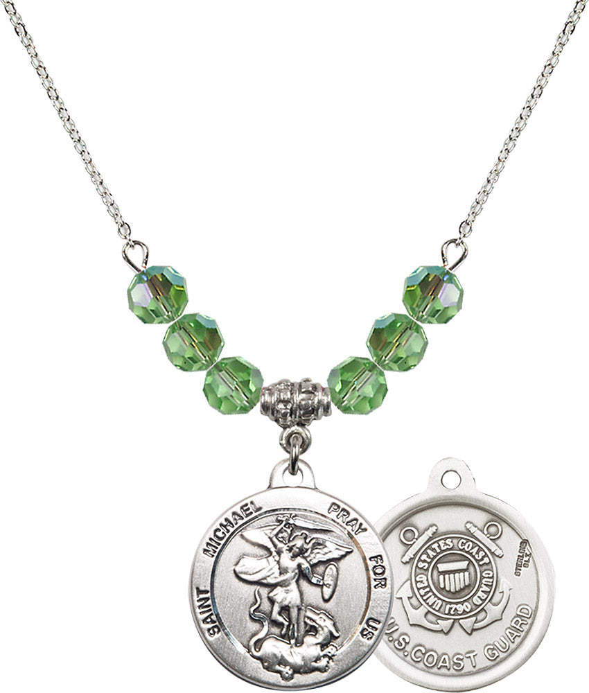 Sterling Silver Saint Michael / Coast Guard Birthstone Necklace with Peridot Beads - 0342