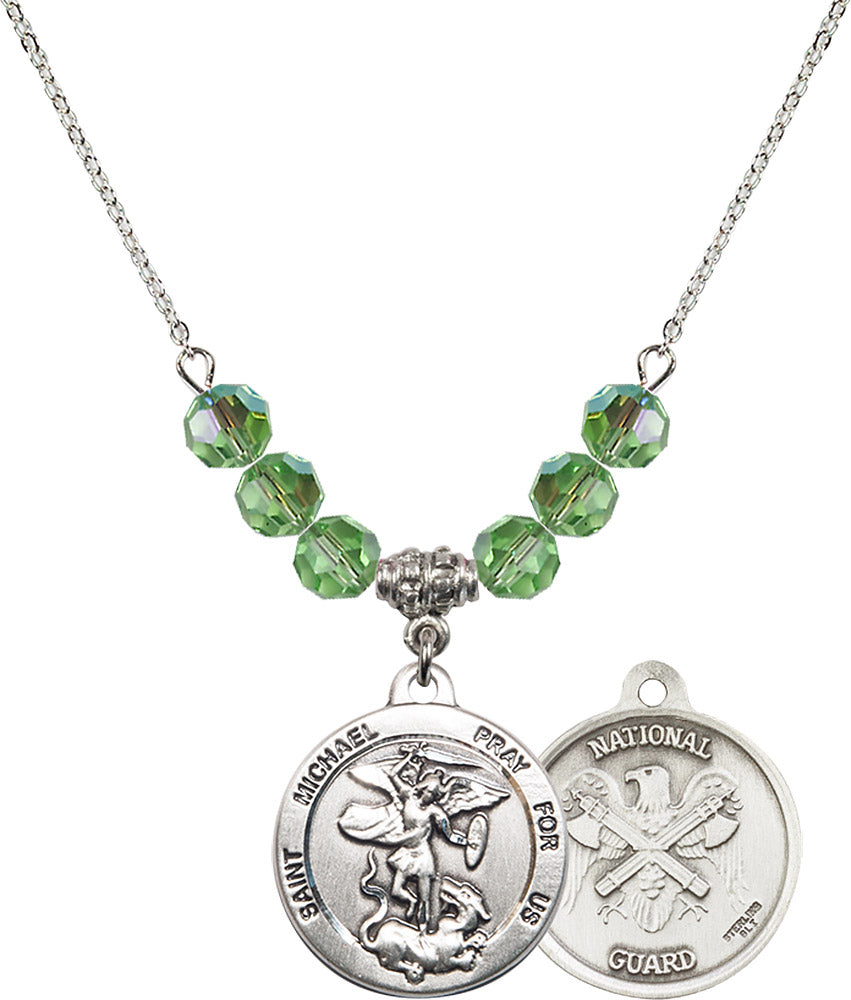 Sterling Silver Saint Michael / Nat'l Guard Birthstone Necklace with Peridot Beads - 0342