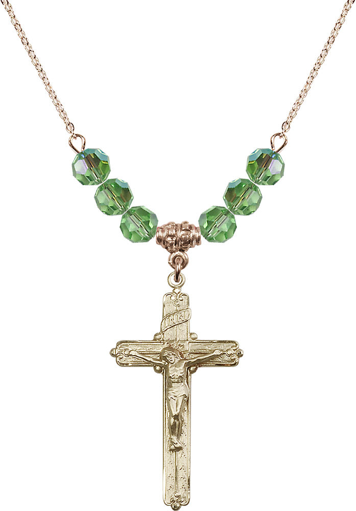 14kt Gold Filled Crucifix Birthstone Necklace with Peridot Beads - 0655