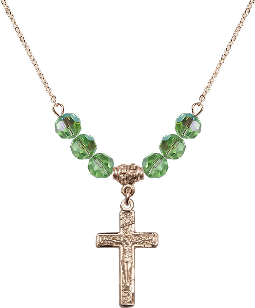 14kt Gold Filled Crucifix Birthstone Necklace with Peridot Beads - 0673