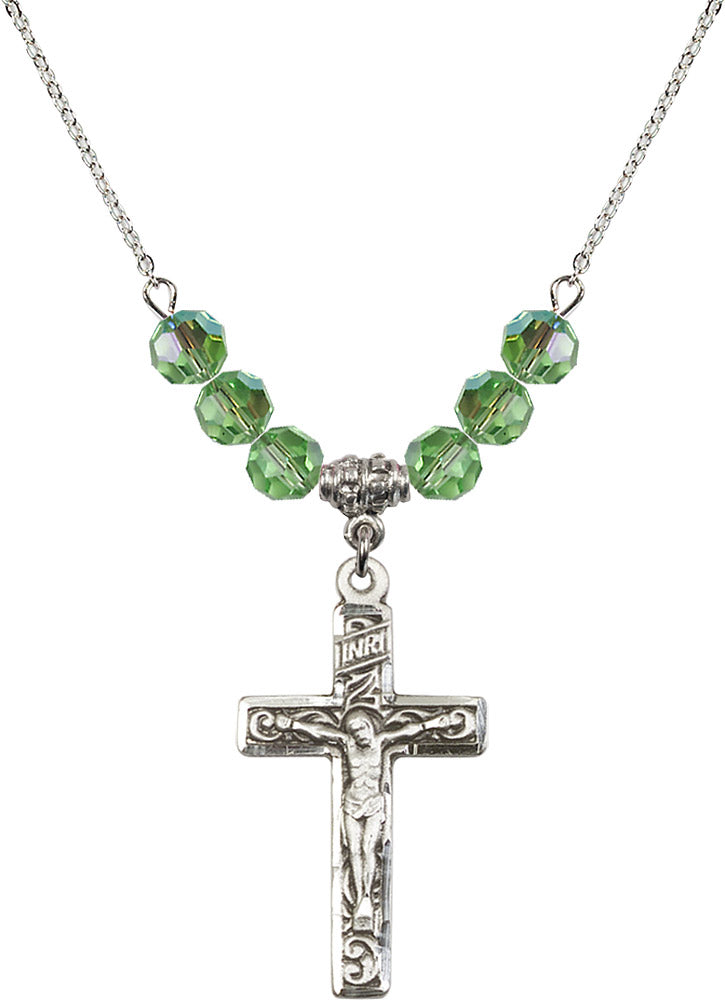 Sterling Silver Crucifix Birthstone Necklace with Peridot Beads - 0674