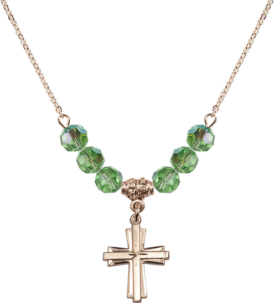 14kt Gold Filled Cross Birthstone Necklace with Peridot Beads - 0675