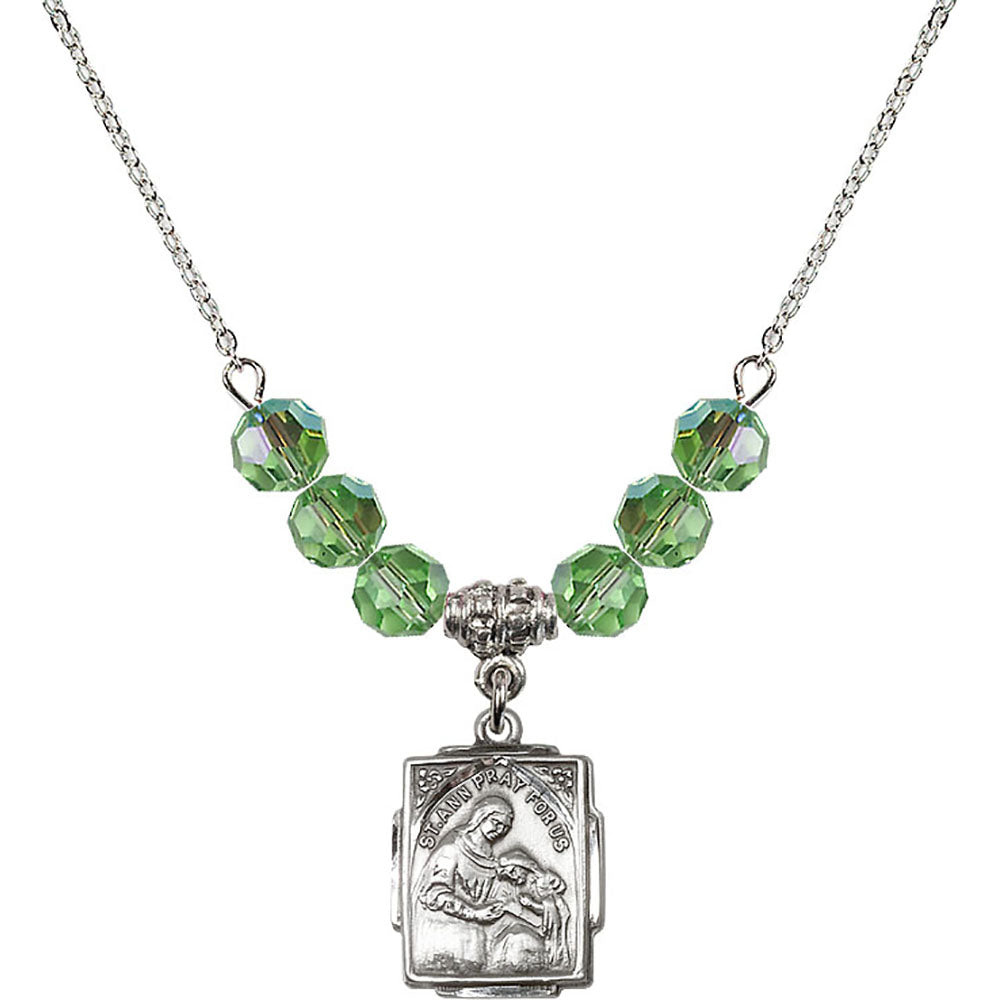 Sterling Silver Saint Ann Birthstone Necklace with Peridot Beads - 0804