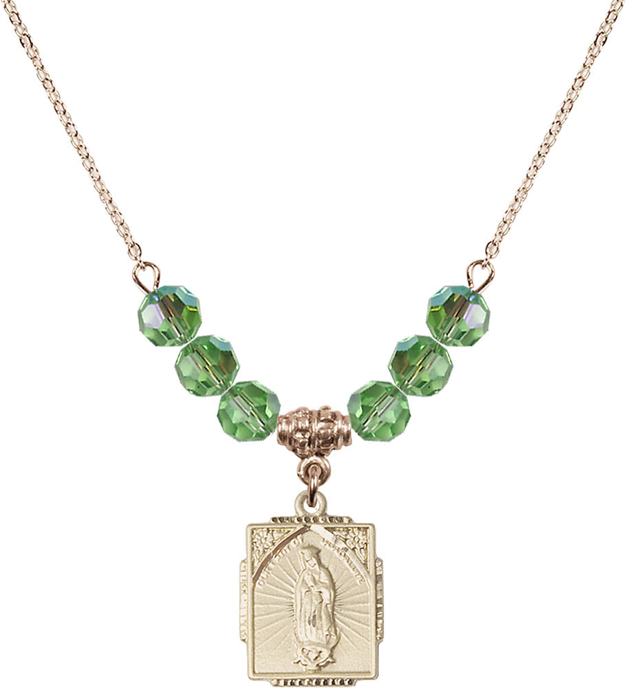 14kt Gold Filled Our Lady of Guadalupe Birthstone Necklace with Peridot Beads - 0804