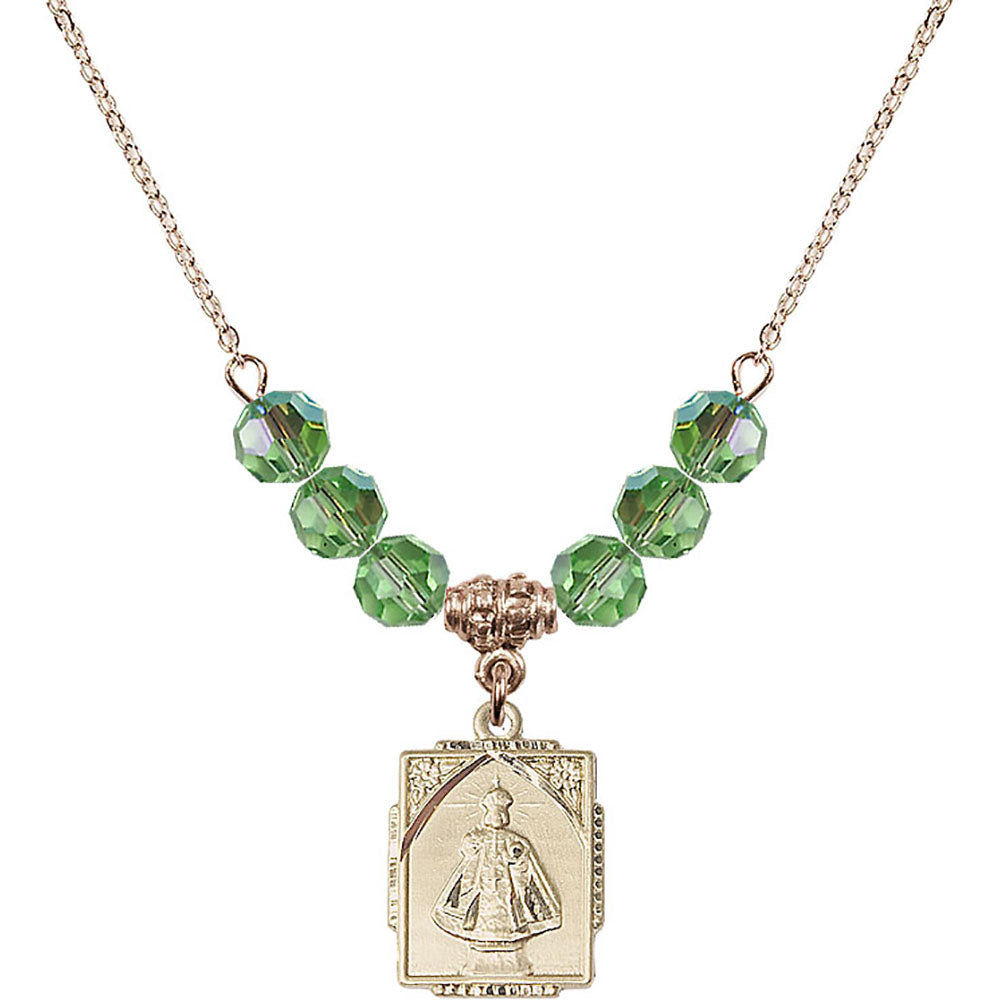 14kt Gold Filled Infant of Prague Birthstone Necklace with Peridot Beads - 0804