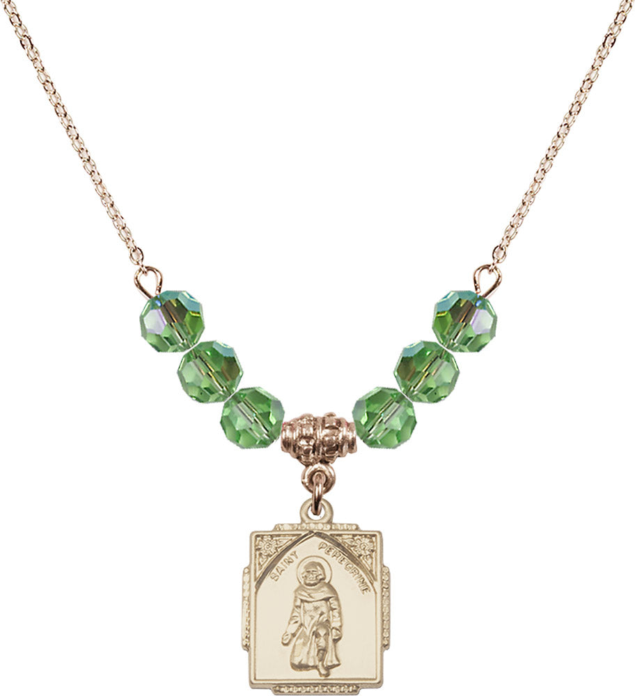 14kt Gold Filled Saint Peregrine Birthstone Necklace with Peridot Beads - 0804