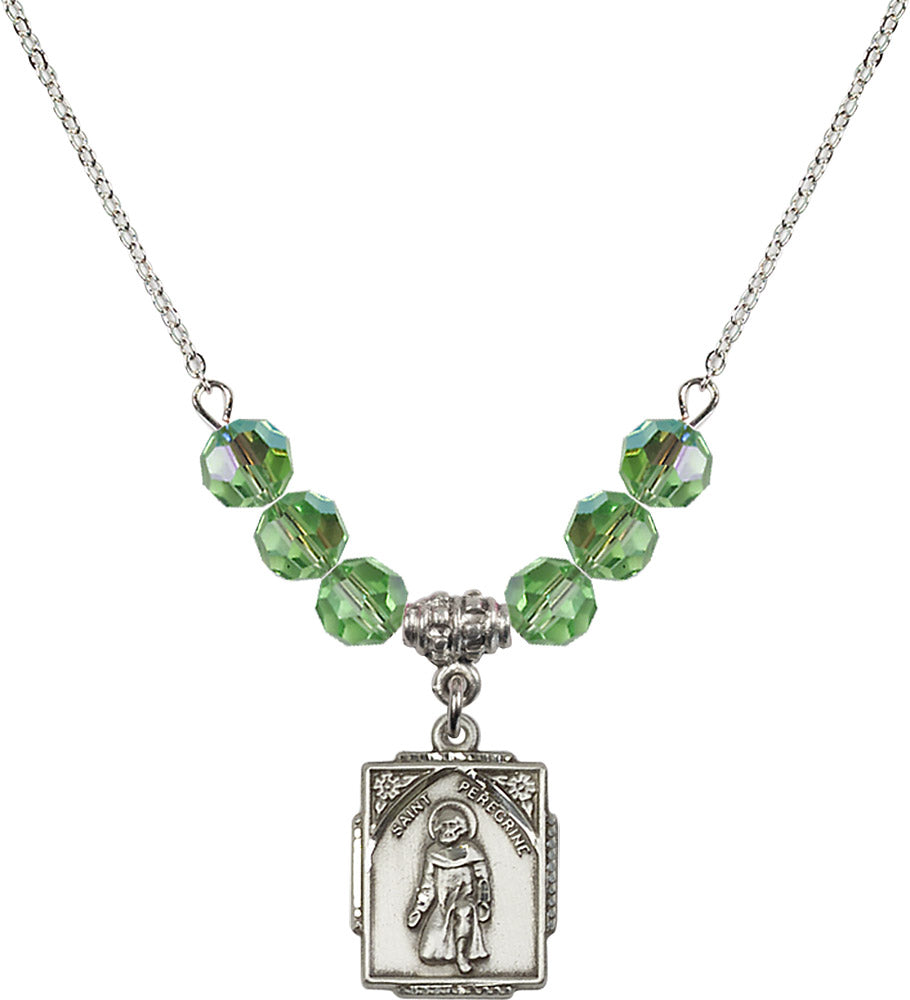 Sterling Silver Saint Peregrine Birthstone Necklace with Peridot Beads - 0804