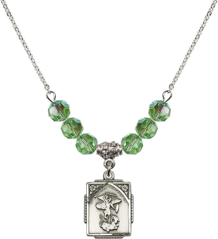 Sterling Silver Saint Michael the Archangel Birthstone Necklace with Peridot Beads - 0804