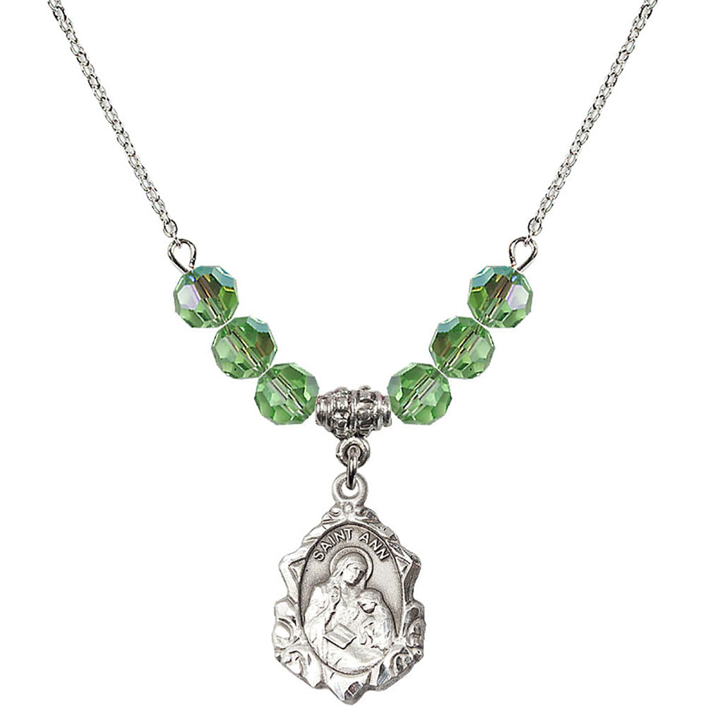 Sterling Silver Saint Ann Birthstone Necklace with Peridot Beads - 0822