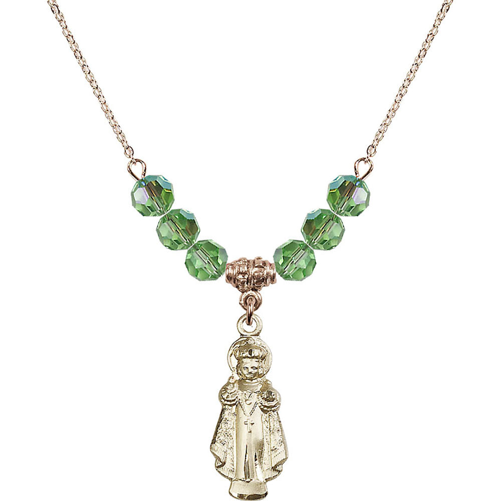 14kt Gold Filled Infant of Prague Birthstone Necklace with Peridot Beads - 0824
