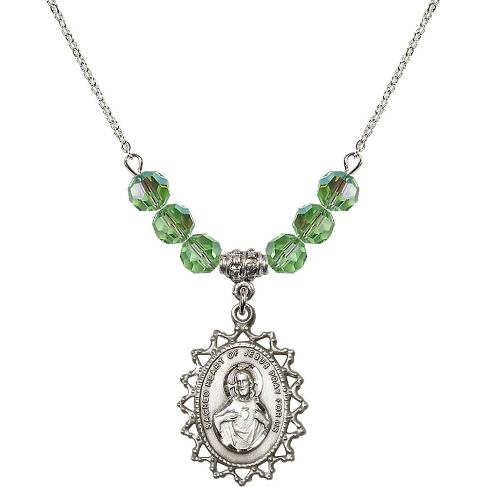 Sterling Silver Scapular Birthstone Necklace with Peridot Beads - 1619