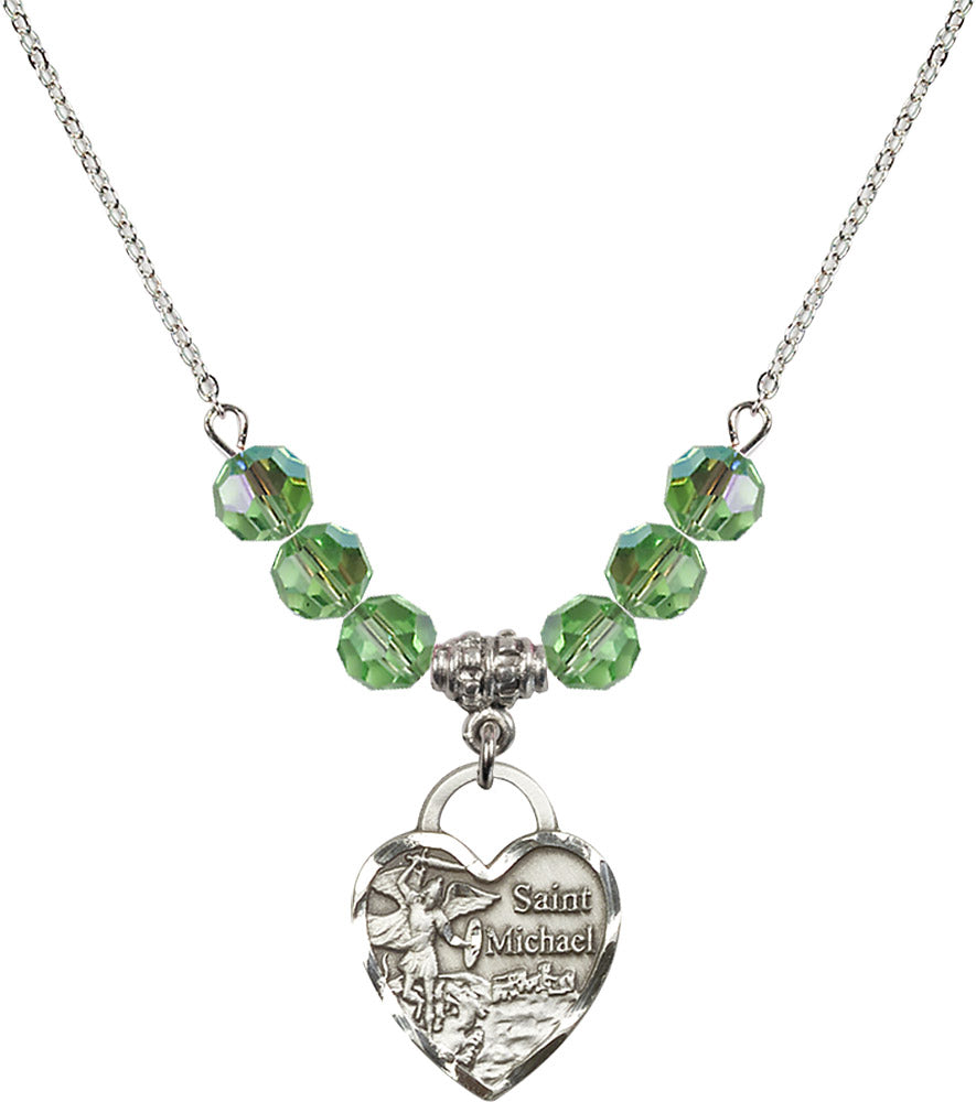 Sterling Silver Saint Michael the Archangel Birthstone Necklace with Peridot Beads - 3203