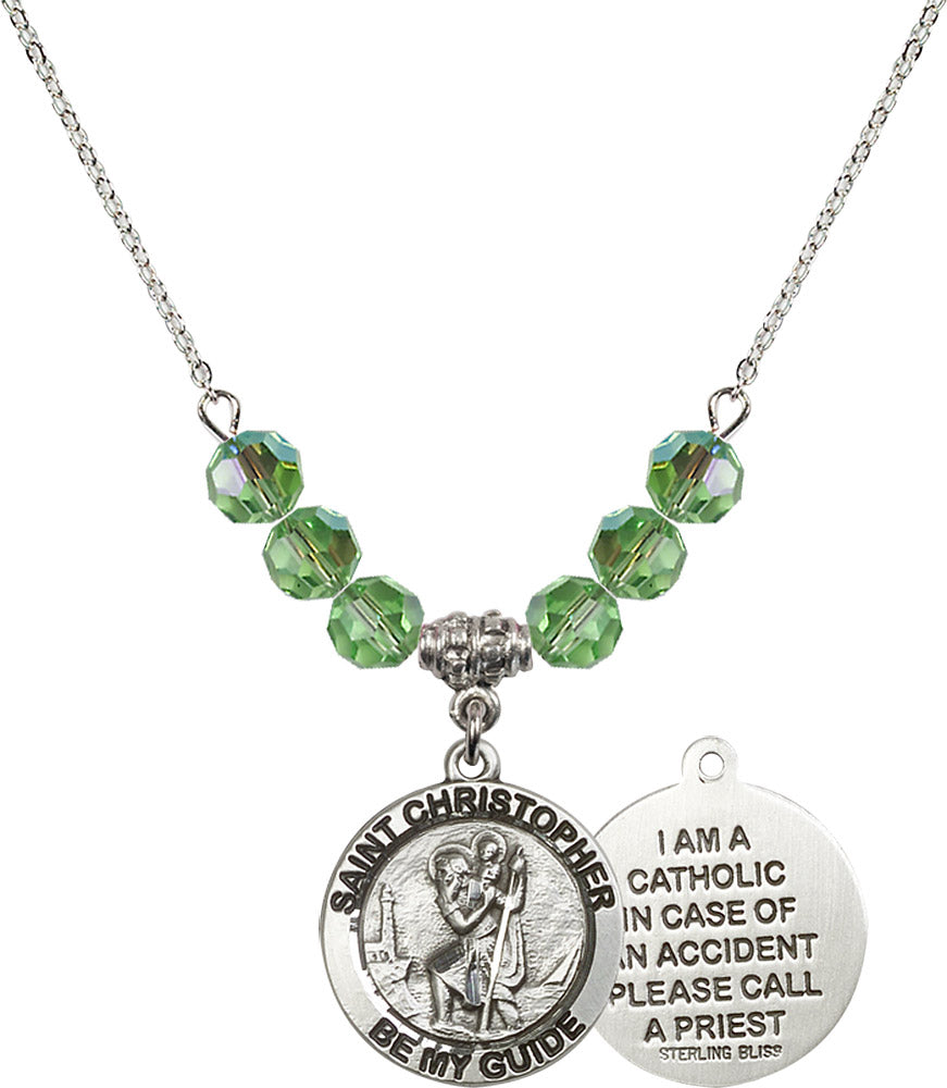 Sterling Silver Saint Christopher Birthstone Necklace with Peridot Beads - 4049