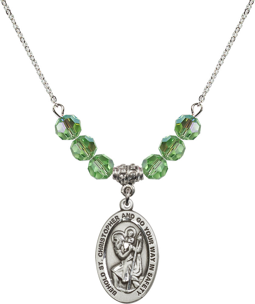 Sterling Silver Saint Christopher Birthstone Necklace with Peridot Beads - 4123