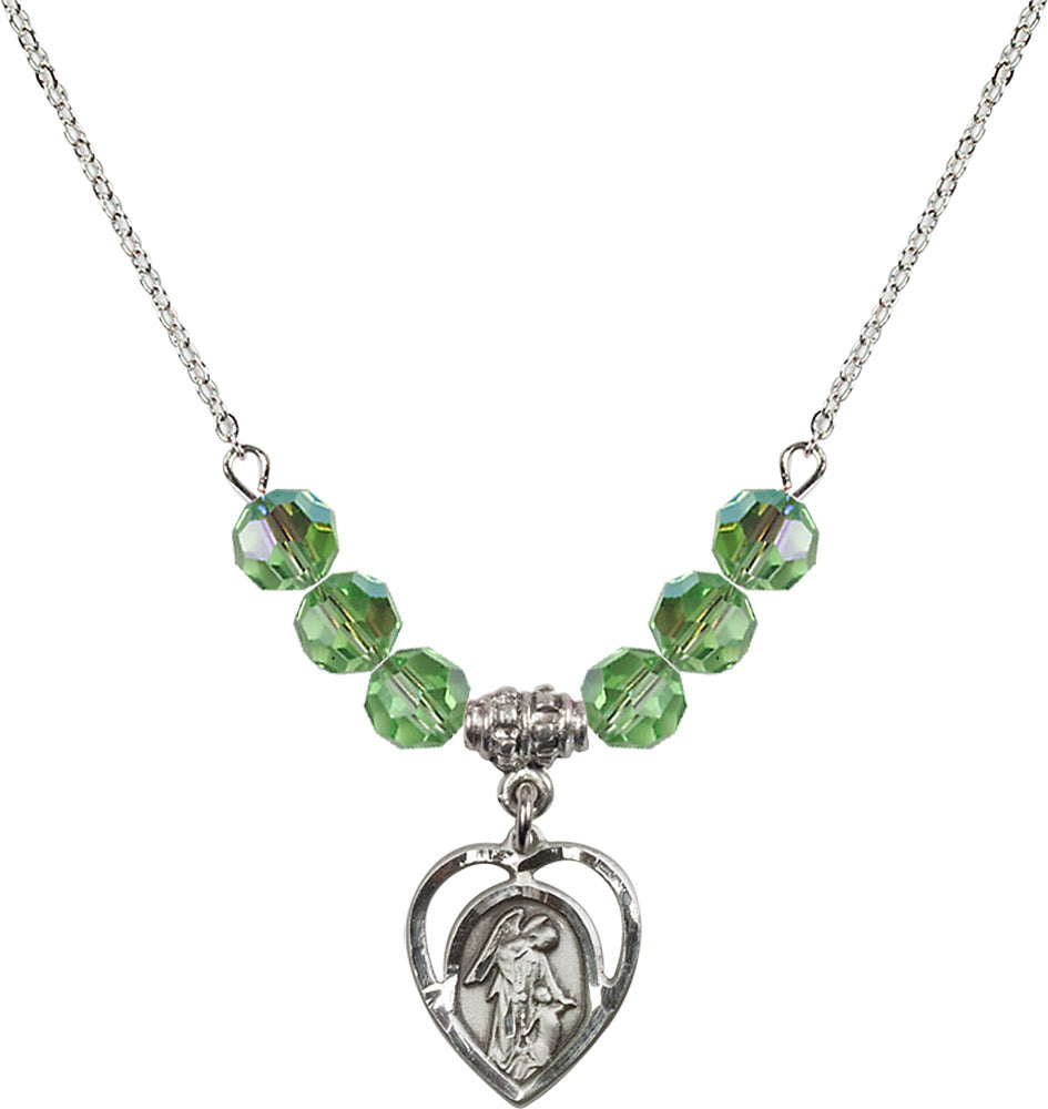 Sterling Silver Guardian Angel Birthstone Necklace with Peridot Beads - 4129