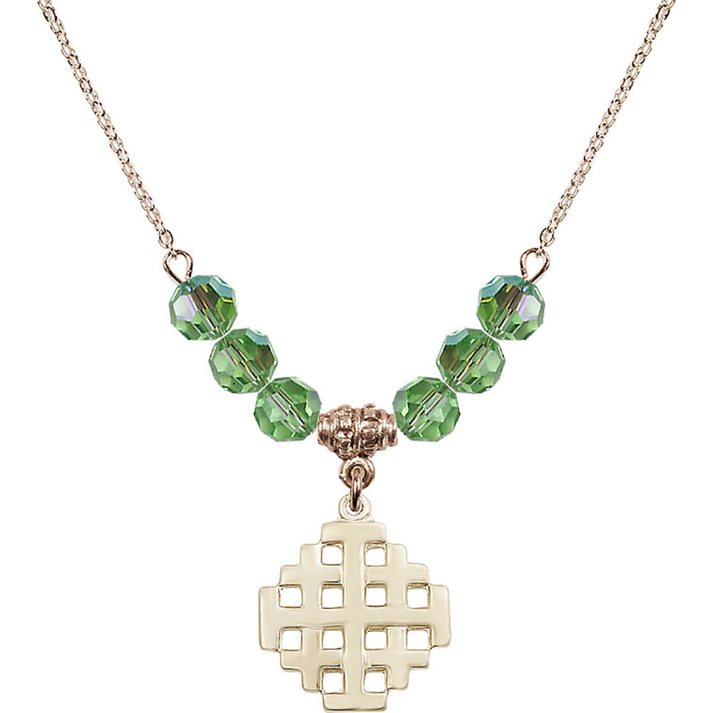 14kt Gold Filled Jerusalem Cross Birthstone Necklace with Peridot Beads - 4139
