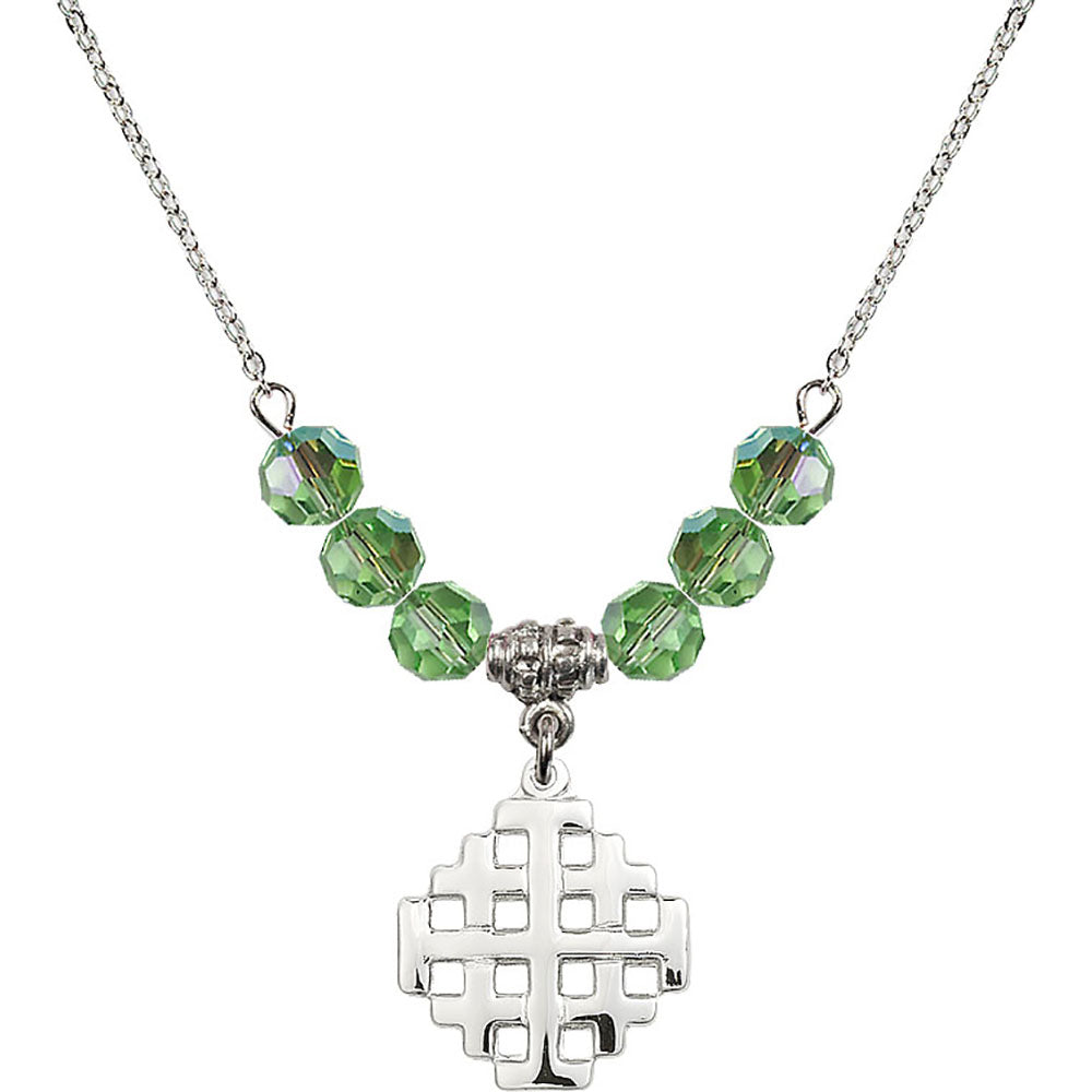 Sterling Silver Jerusalem Cross Birthstone Necklace with Peridot Beads - 4139