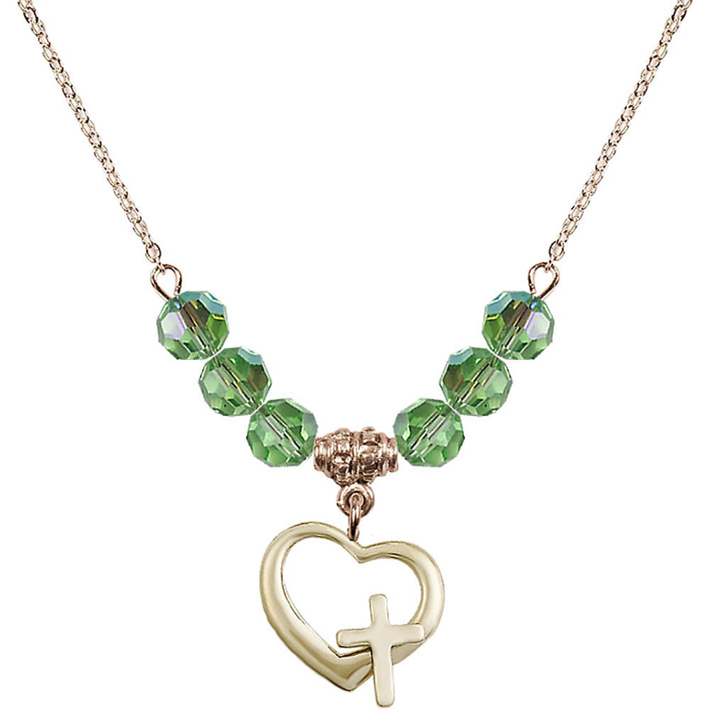 14kt Gold Filled Heart / Cross Birthstone Necklace with Peridot Beads - 4207