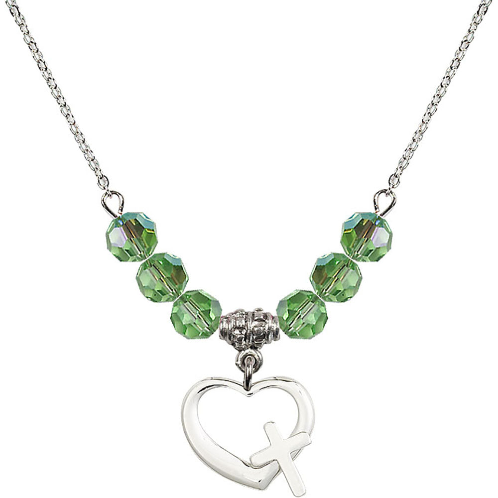 Sterling Silver Heart / Cross Birthstone Necklace with Peridot Beads - 4207