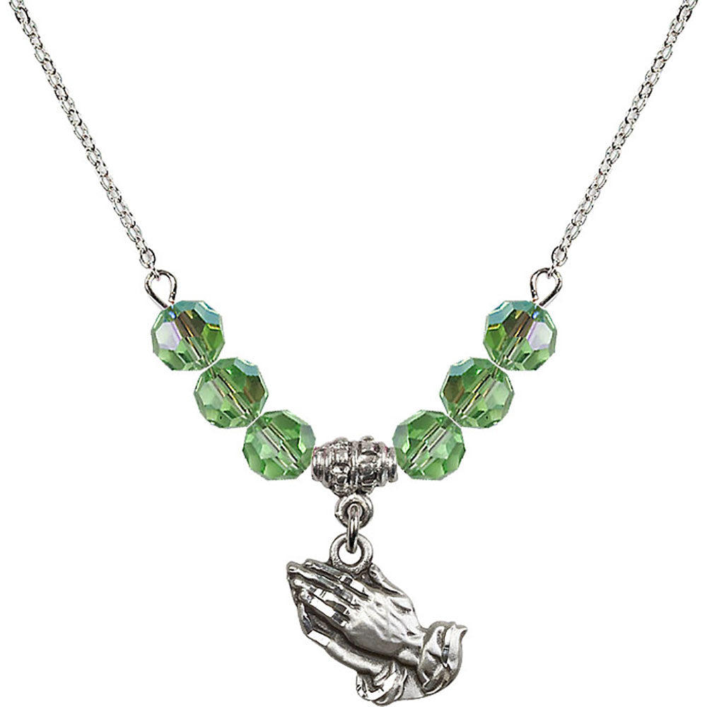 Sterling Silver Praying Hands Birthstone Necklace with Peridot Beads - 4219