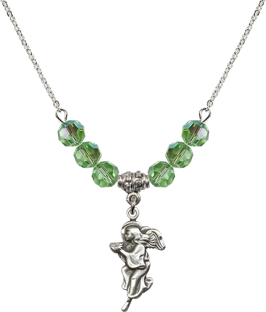 Sterling Silver Guardian Angel Birthstone Necklace with Peridot Beads - 4260