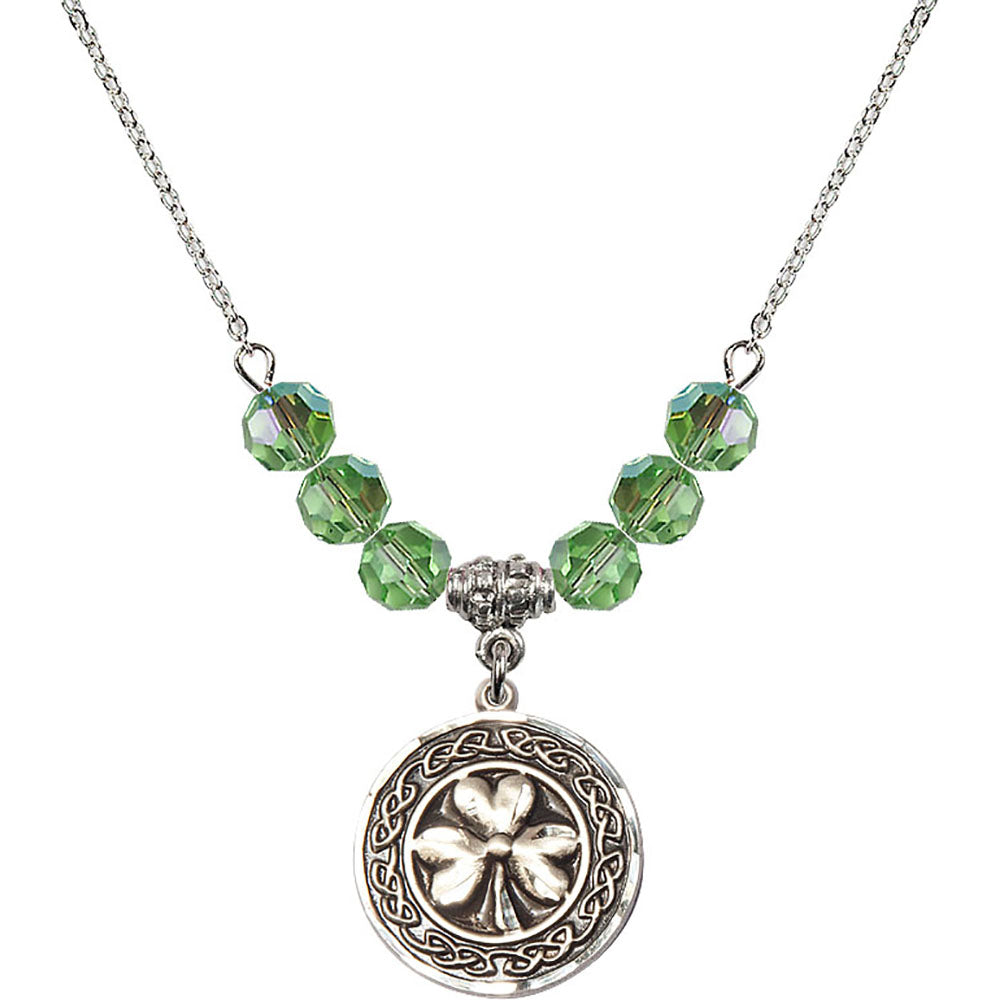 Sterling Silver Shamrock w/ Celtic Border Birthstone Necklace with Peridot Beads - 5106